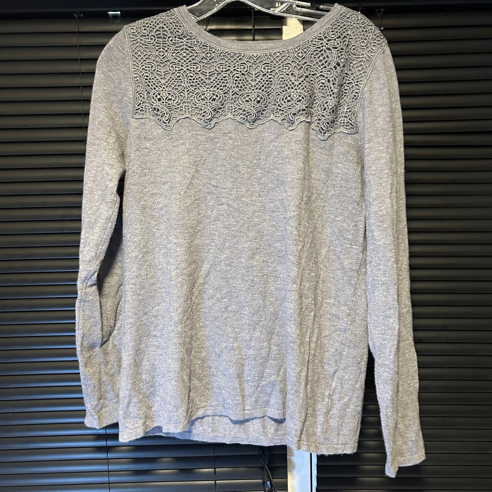 Buffalo David Bitton Sweater Womens L Gray Crochet Lace Trim Long Sleeve Knit